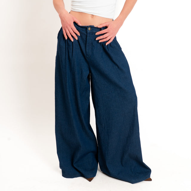 Zeroassoluto-Pantalone LANY palazzo chambray leggero elasticizzato - denim blu