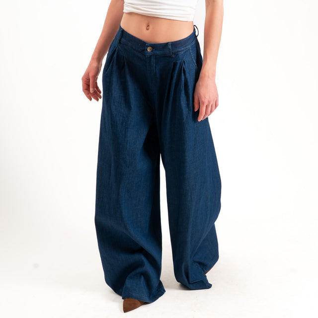Zeroassoluto-Pantalone LANY palazzo chambray leggero elasticizzato - denim blu