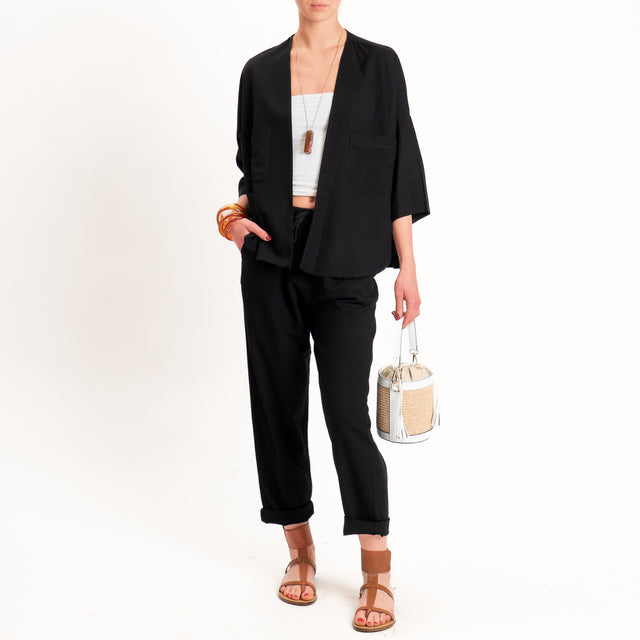 Zeroassoluto-Pantalone LERRY misto lino con coulisse - nero