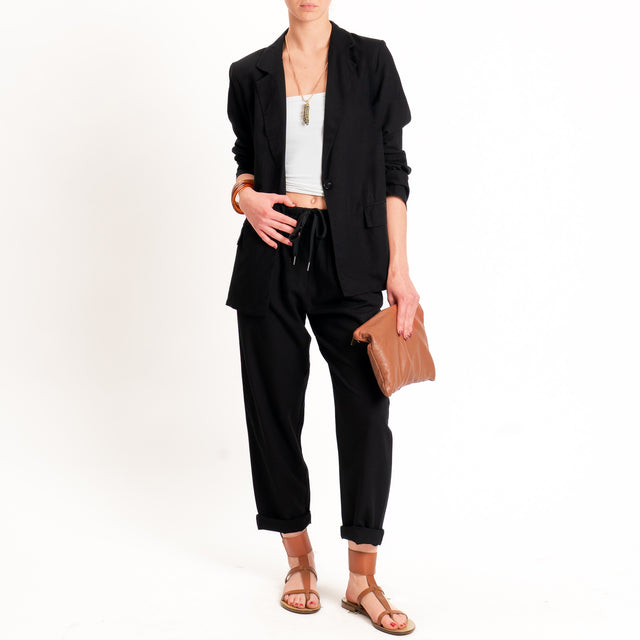 Zeroassoluto-Pantalone LERRY misto lino con coulisse - nero