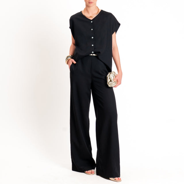 Zeroassoluto-Pantalone LESLEY misto lino wide leg - nero
