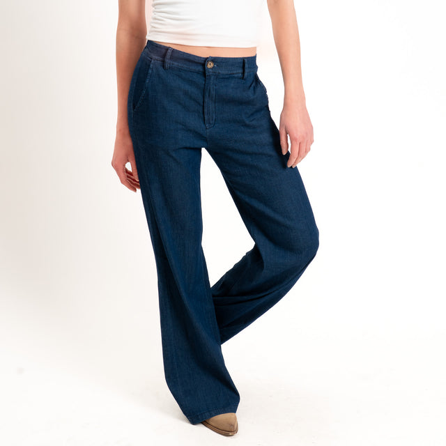 Zeroassoluto-Pantalone LILLY palazzo chambray leggero elasticizzato - denim blu