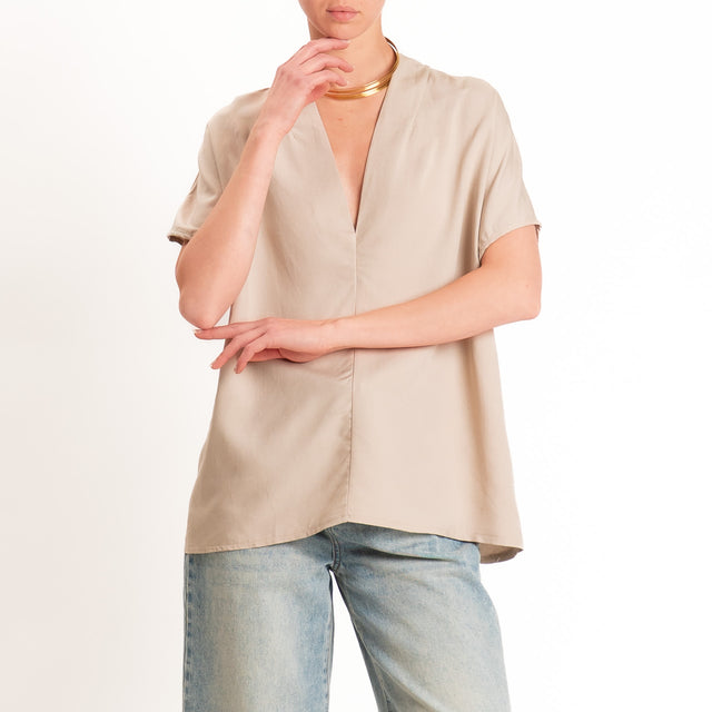 Zeroassoluto-Blusa LUDO misto lino scollo v - desert