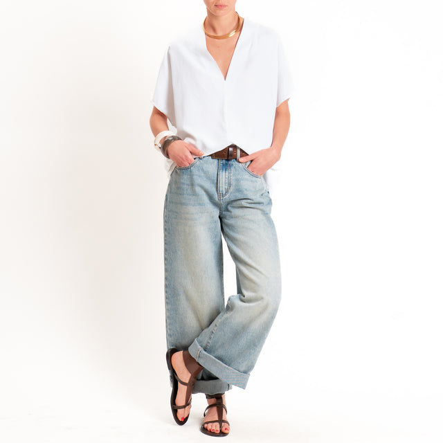 Zeroassoluto-Blusa LUDO misto lino scollo v - bianco