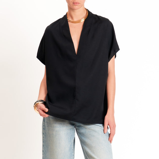 Zeroassoluto-Blusa LUDO misto lino scollo v - nero