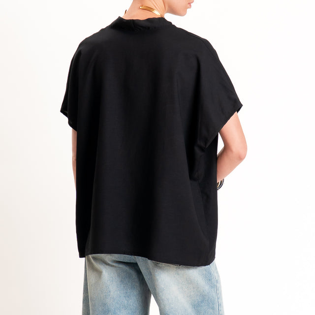 Zeroassoluto-Blusa LUDO misto lino scollo v - nero