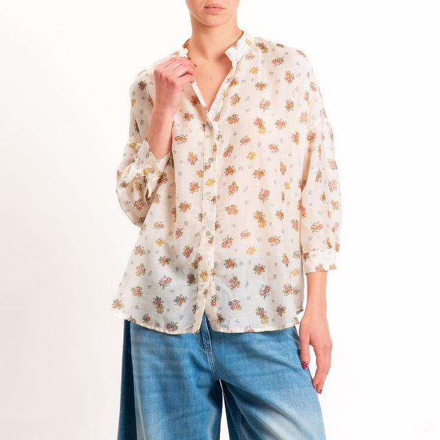 Zeroassoluto-Camicia MAIA mussola seta/cotone - fiori burro/blush/militare