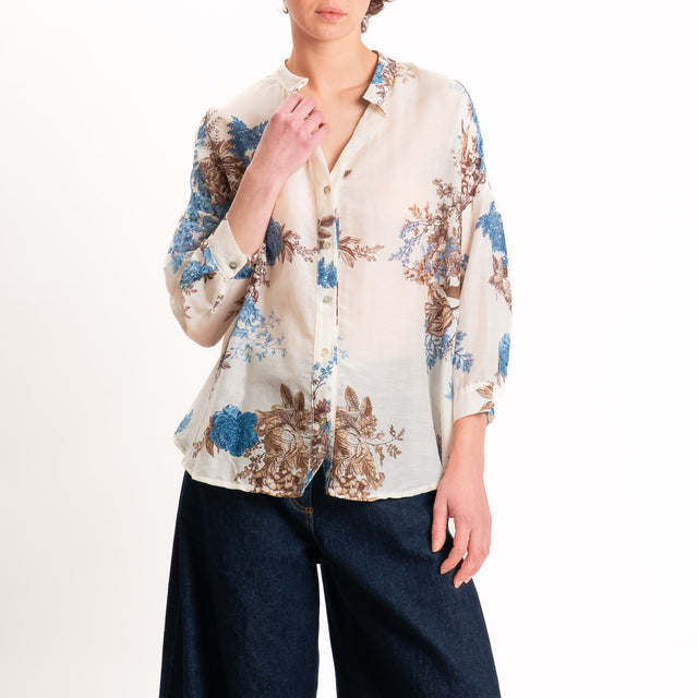 Zeroassoluto-Camicia MAIA mussola seta/cotone - fiori burro/jeans/choco