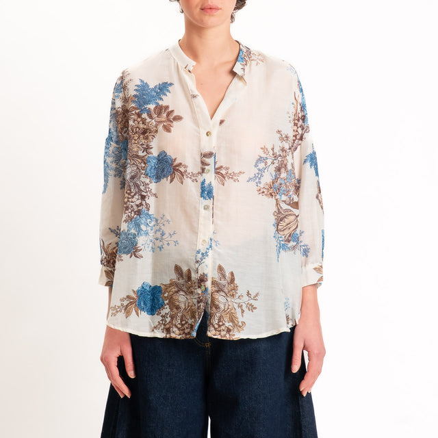 Zeroassoluto-Camicia MAIA mussola seta/cotone - fiori burro/jeans/choco