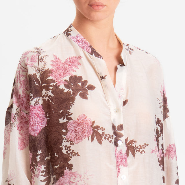 Zeroassoluto-Camicia MAIA mussola seta/cotone fantasia - fiori burro/moro/rosa