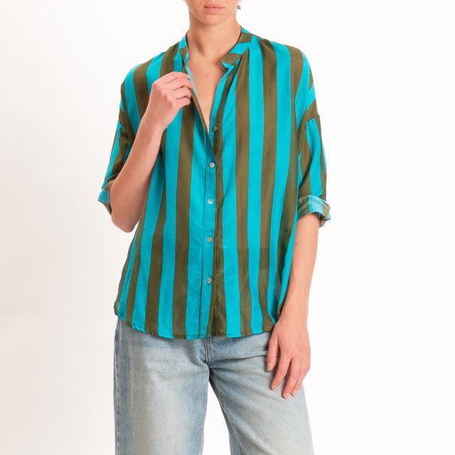 Zeroassoluto-Camicia MARA righe mussola seta/cotone - turchese/oliva