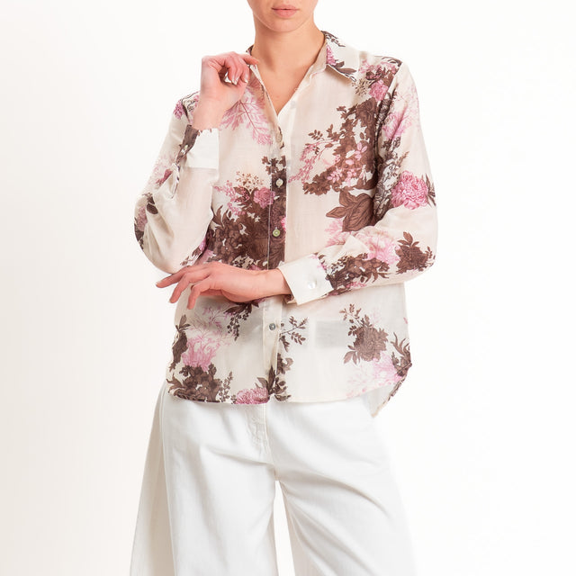 Zeroassoluto-Camicia MIA in mussola seta/cotone - fiori burro/moro/rosa