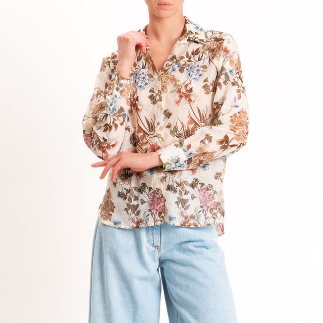 Zeroassoluto-Camicia MIA in mussola seta/cotone - floreale burro/choco/mauve