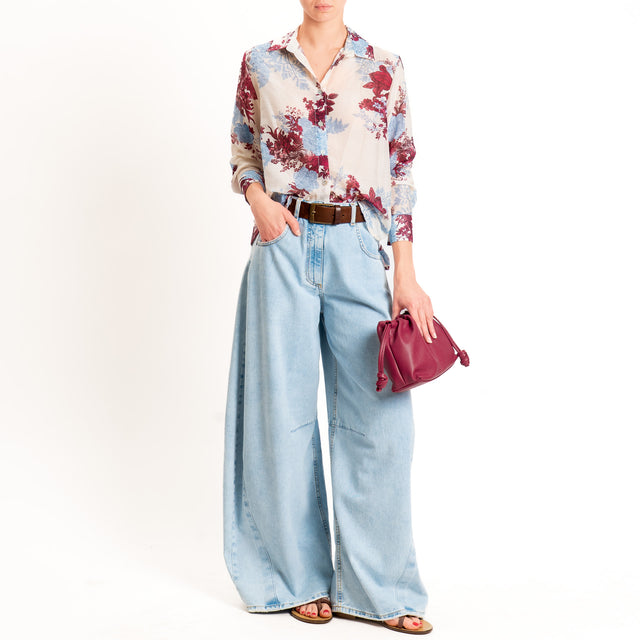 Zeroassoluto-Camicia MIA in mussola seta/cotone - fiori burro/jeans/malva