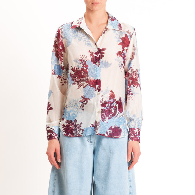 Zeroassoluto-Camicia MIA in mussola seta/cotone - fiori burro/jeans/malva