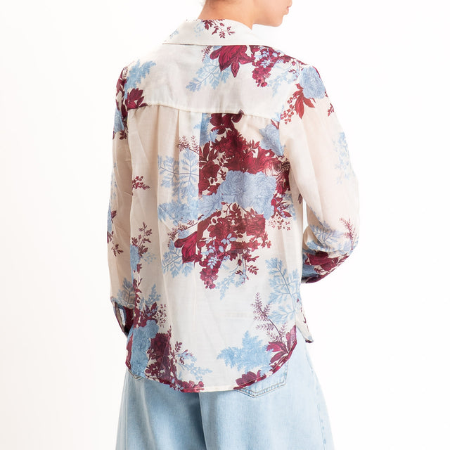 Zeroassoluto-Camicia MIA in mussola seta/cotone - fiori burro/jeans/malva