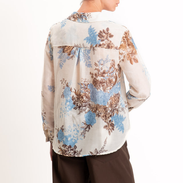 Zeroassoluto-Camicia MIA in mussola seta/cotone - fiori burro/jeans/choco