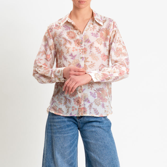 Zeroassoluto-Camicia MIA in mussola seta/cotone fantasia - floreale burro/pink/lilla