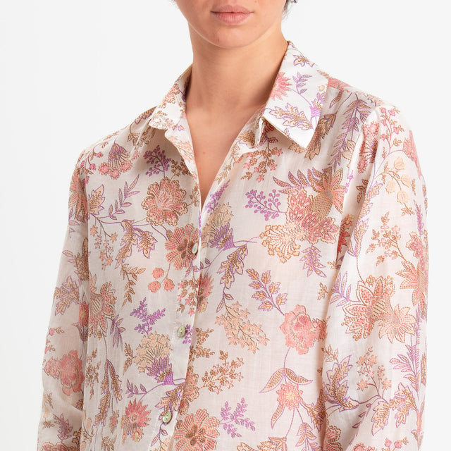 Zeroassoluto-Camicia MIA in mussola seta/cotone fantasia - floreale burro/pink/lilla