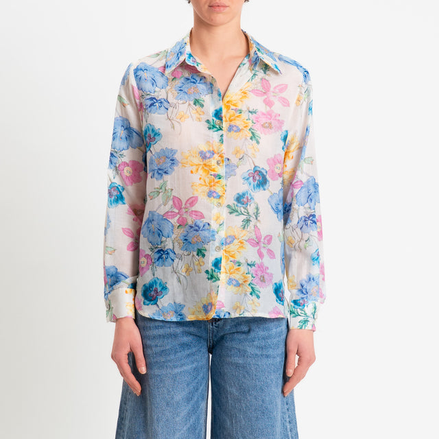 Zeroassoluto-Camicia MIA in mussola seta/cotone fantasia - floreale latte/azzurro/pink