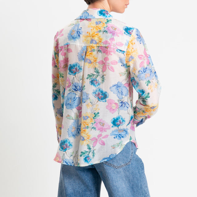 Zeroassoluto-Camicia MIA in mussola seta/cotone fantasia - floreale latte/azzurro/pink