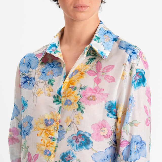 Zeroassoluto-Camicia MIA in mussola seta/cotone fantasia - floreale latte/azzurro/pink