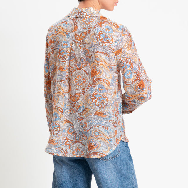 Zeroassoluto-Camicia MIA in mussola seta/cotone fantasia - paisley latte/cuoio/azzurro