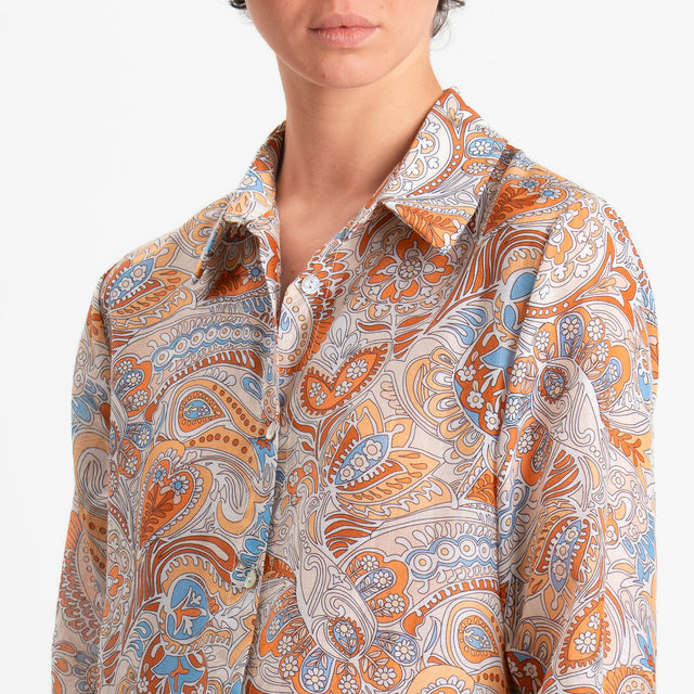 Zeroassoluto-Camicia MIA in mussola seta/cotone fantasia - paisley latte/cuoio/azzurro