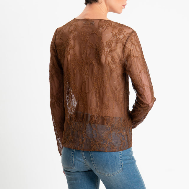 Zeroassoluto-Blusa in pizzo elasticizzato - choco