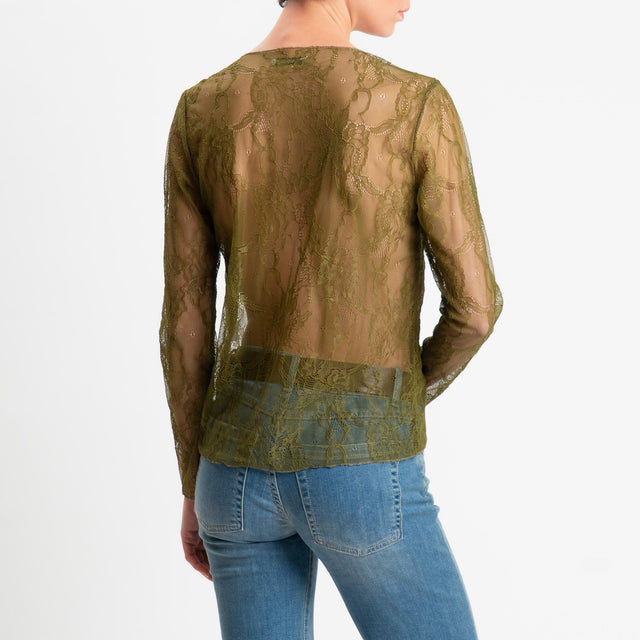 Zeroassoluto-Blusa in pizzo elasticizzato - olive
