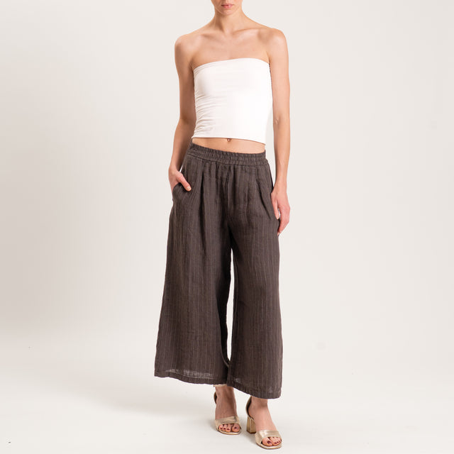 Zeroassoluto-Pantalone PENNY wide leg crop gessato 100%LINO - moro