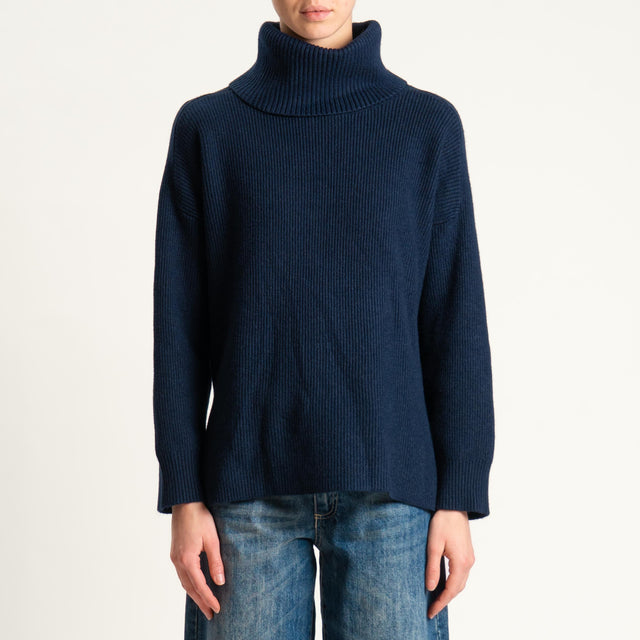 Zeroassoluto-Maglia costa inglese collo alto spacchi laterali - blu
