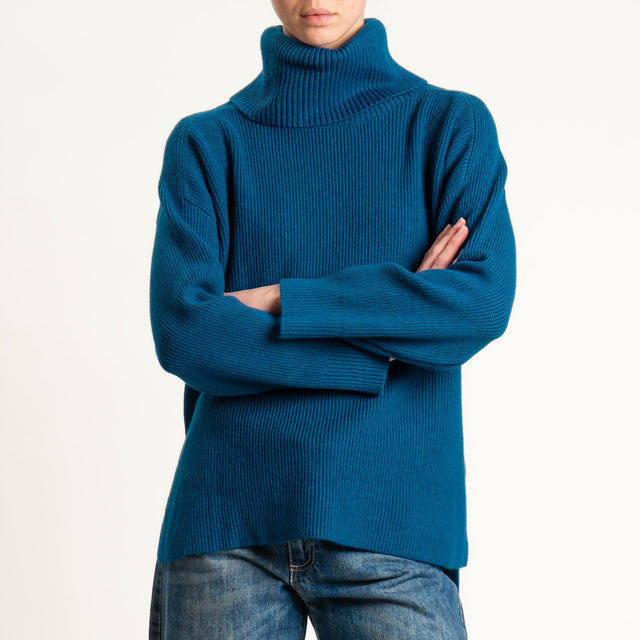 Zeroassoluto-Maglia costa inglese collo alto spacchi laterali - ottanio