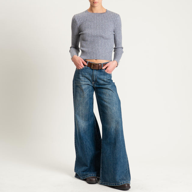 Zeroassoluto-Maglia crop coste con bottoni dorati - grigio melange