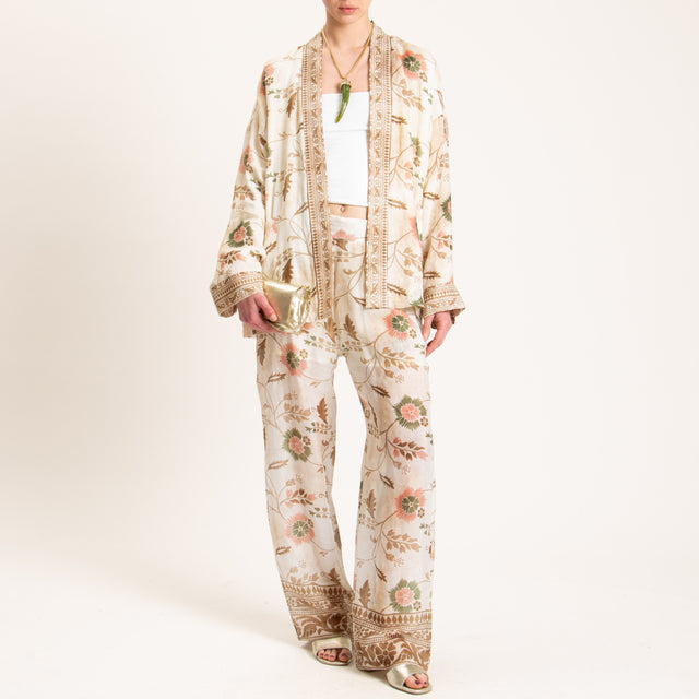 Wu'side-Kimono fantasia floreale 100%RAMIE FIBRA NATURALE - avorio/biscotto