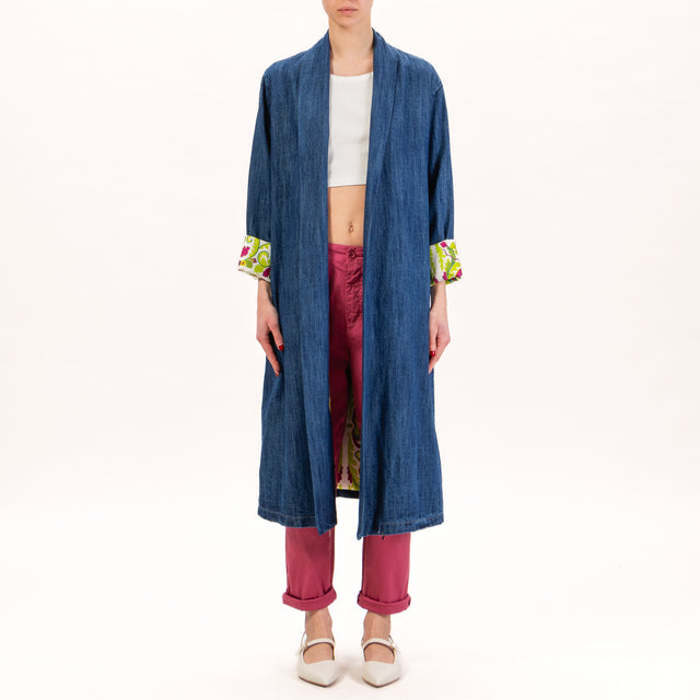 Wu'side-Kimono jeans lungo - denim scuro/panna/verde