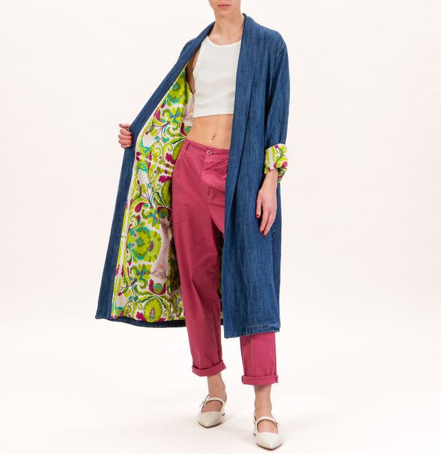 Wu'side-Kimono jeans lungo - denim scuro/panna/verde