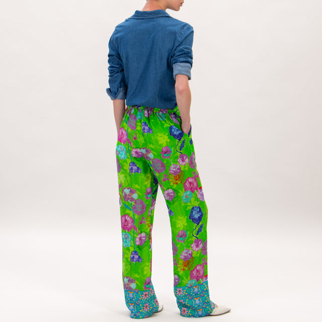 Wu'side-Pantalone fantasia fiori elastico dietro - verde/ciclamino/viola