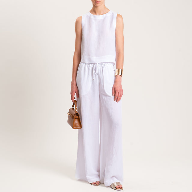 Tensione in-Pantalone misto lino elastico in vita - bianco