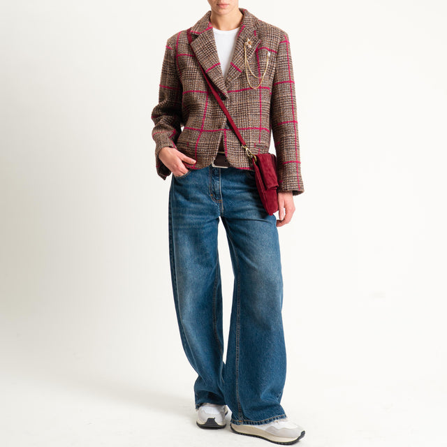 Tensione in-Giacca check misto lana con spilla - cioccolato/fucsia