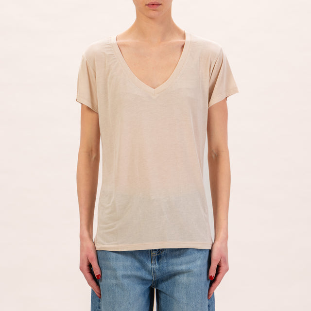 Zeroassoluto-T-shirt scollo v in seta - sand
