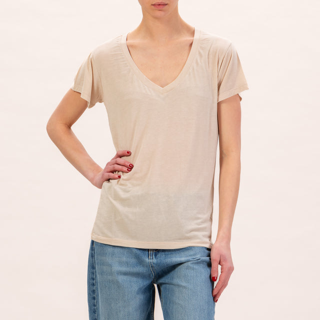 Zeroassoluto-T-shirt scollo v in seta - sand