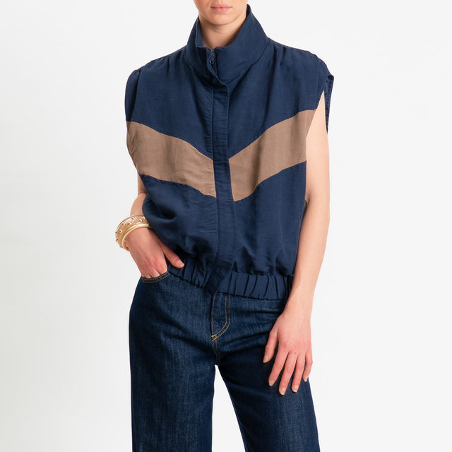 Tensione in-Gilet bicolore misto lino - blu/biscotto