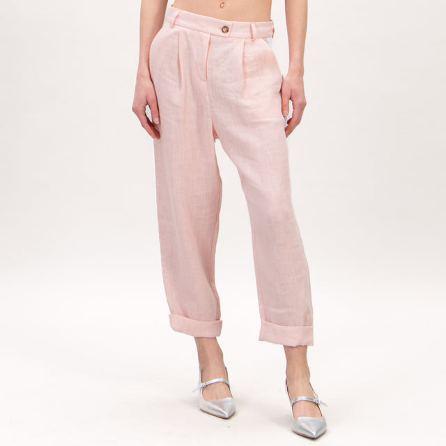 Tensione in-Pantalone in lino banda laterale - rosa/bianco