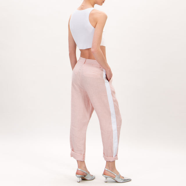 Tensione in-Pantalone in lino banda laterale - rosa/bianco