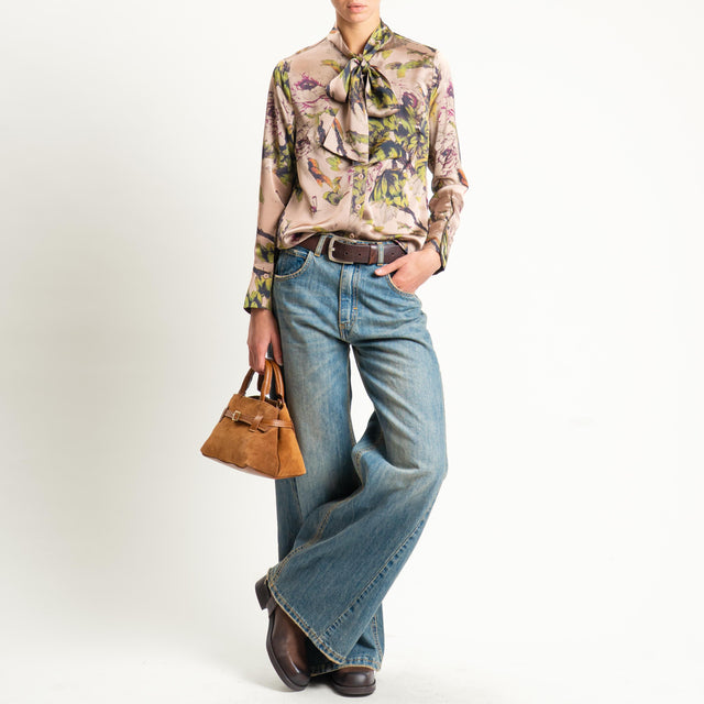 Anonyme-Camicia SOFT-HAND SATIN fantasia floreale con cravatta - beige/olio