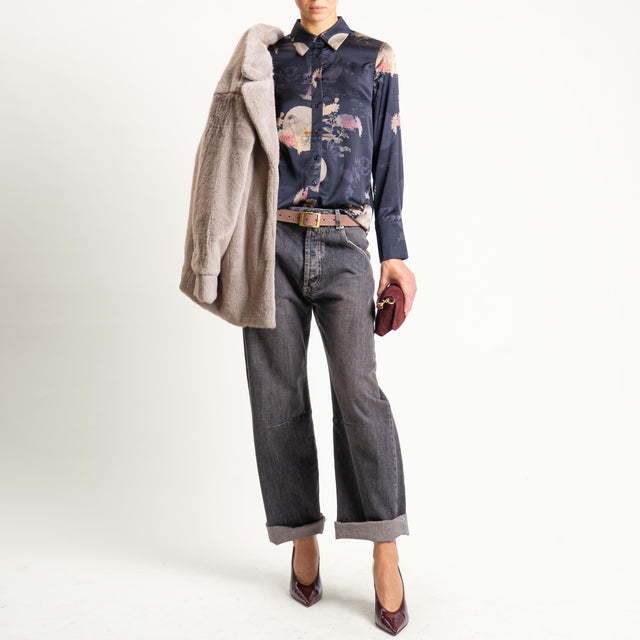 Anonyme-Camicia SOFT-HAND SATIN fantasia floreale - nero/beige