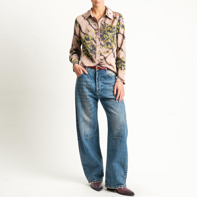 Anonyme-Camicia SOFT-HAND SATIN fantasia floreale - beige/olio
