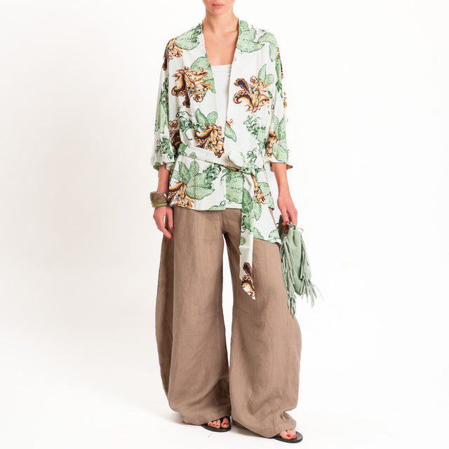 Anonyme-Kimono corto fantasia floreale - burro/mint/cuoio