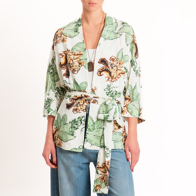 Anonyme-Kimono corto fantasia floreale - burro/mint/cuoio